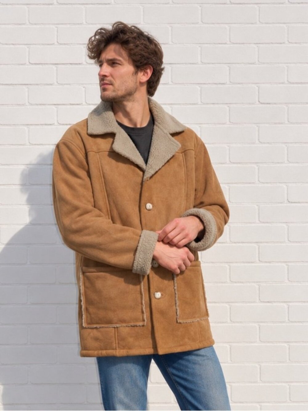 Vintage 90s 1990s Mens Large Brown Faux Suede Sherpa Coat Jacket Shearling rdr2